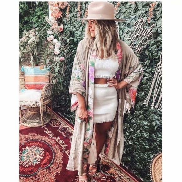 Tops - Boho Tan Floral Print kimono Cover up Belted Gypsy